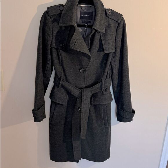 Banana Republic Women Coat Charcoal Grey Green Small Wool Belted Italian Fabric - Picture 6 of 8